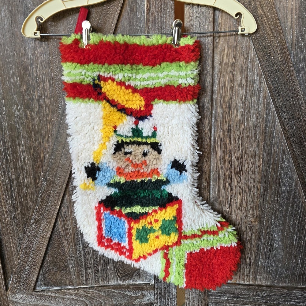 Jack In the Box Christmas Stocking Latch Hook Vintage Large 20" x 9" Handmade